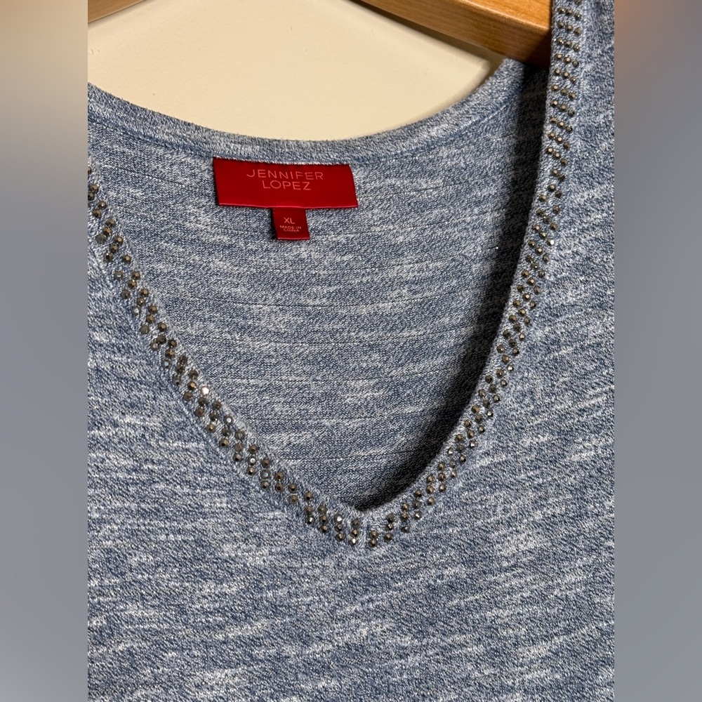 Jennifer Lopez JLo V-Neck 3/4 Open Sleeve Rhinestone Blue Top Women’s XL Shirt - Picture 4 of 6